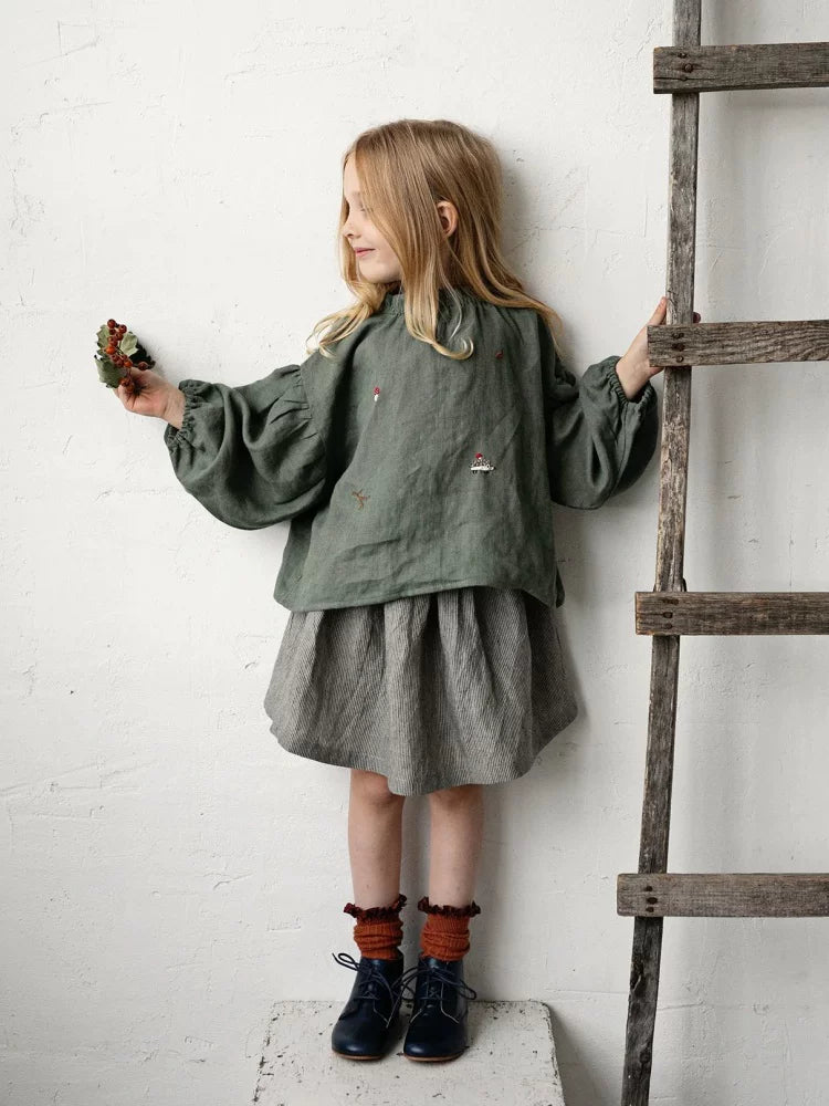 Girls Nordic Linen Shirt - Belgium Imported Long-Sleeve Top