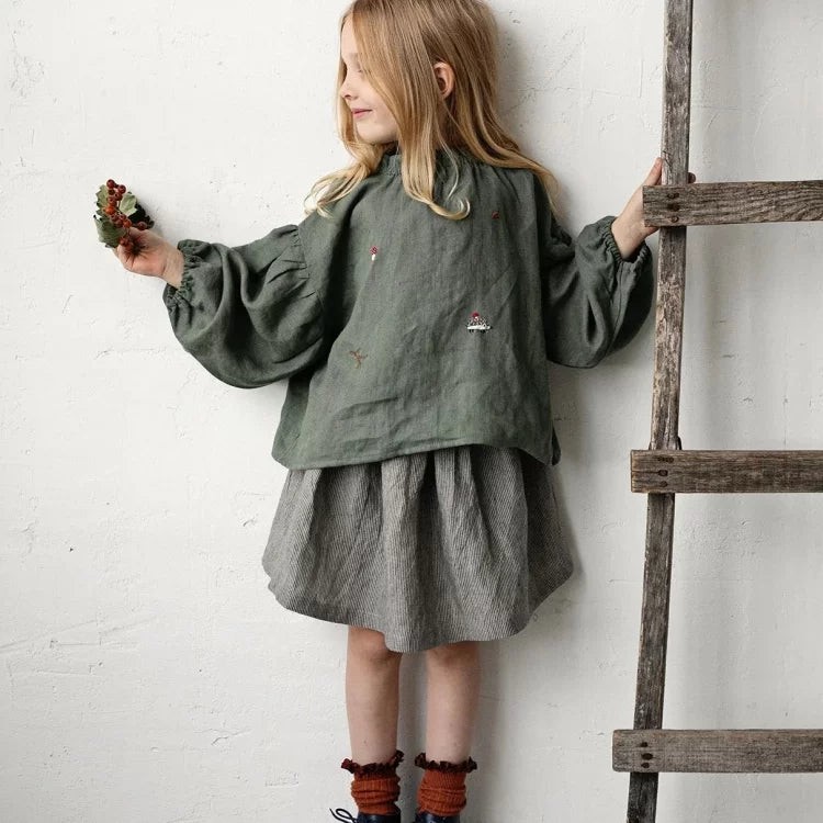 Girls Nordic Linen Shirt - Belgium Imported Long-Sleeve Top
