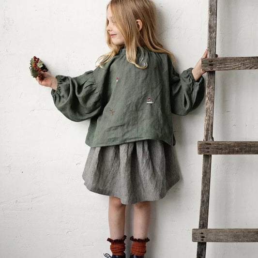 Girls Nordic Linen Shirt - Belgium Imported Long-Sleeve Top