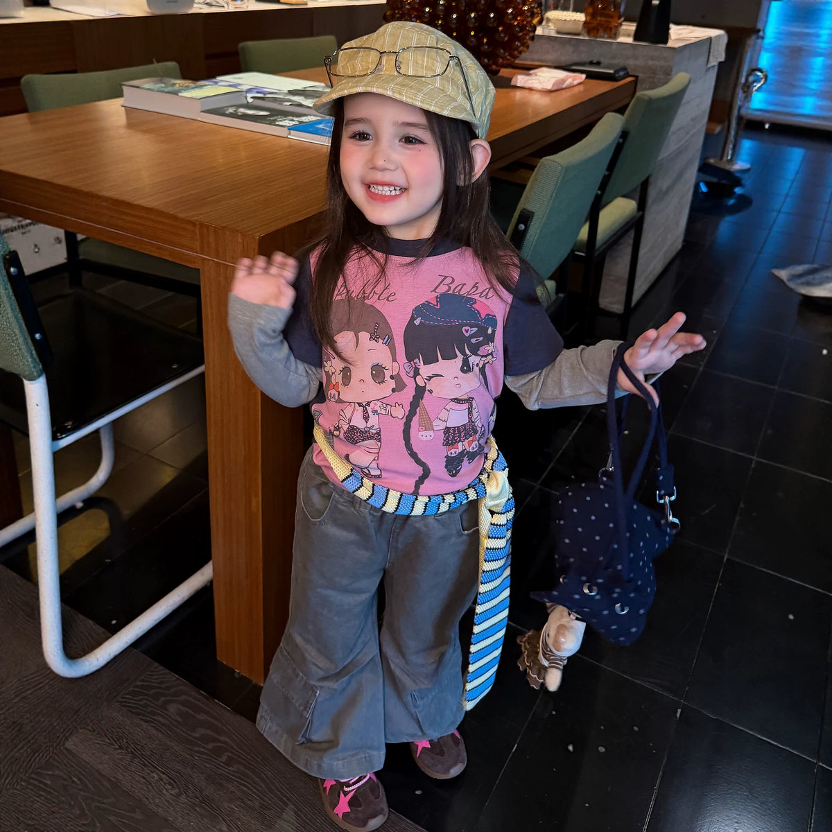 Girls Cartoon Tee & Cargo Flare Pants Set - Korean Autumn