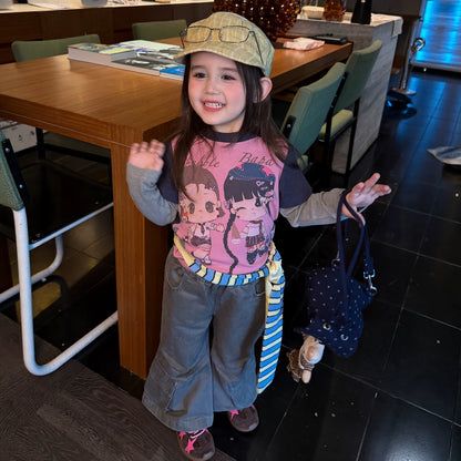 Girls Cartoon Tee & Cargo Flare Pants Set - Korean Autumn
