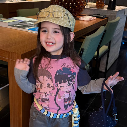 Girls Cartoon Tee & Cargo Flare Pants Set - Korean Autumn