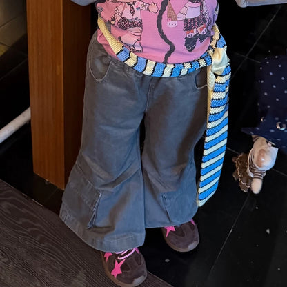 Girls Cartoon Tee & Cargo Flare Pants Set - Korean Autumn
