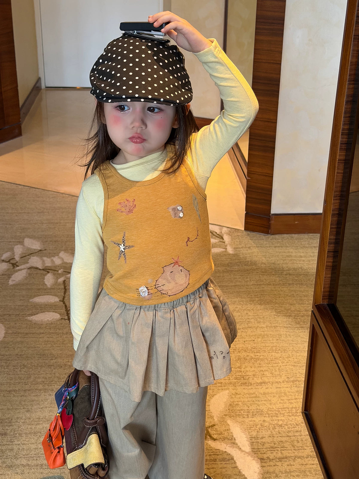 Girls Cartoon Vest & Tee Layering Set with Skirt-Panel Pants - Autumn 3-Piece