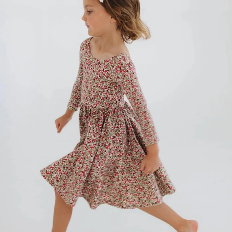 Girls Nordic Linen Dress - Crimson Floral Long-Sleeve