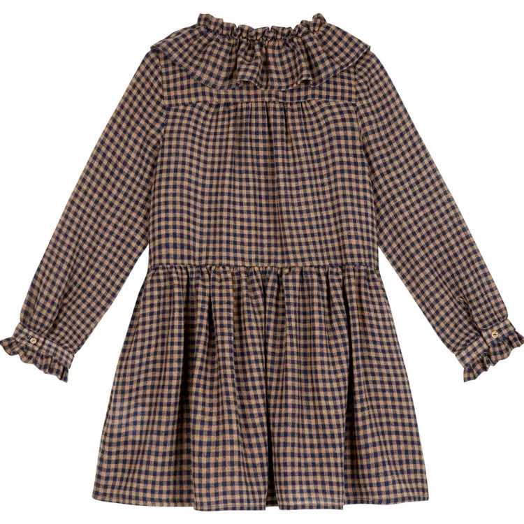Girls Nordic Linen Dress - Brown Stripe Long-Sleeve