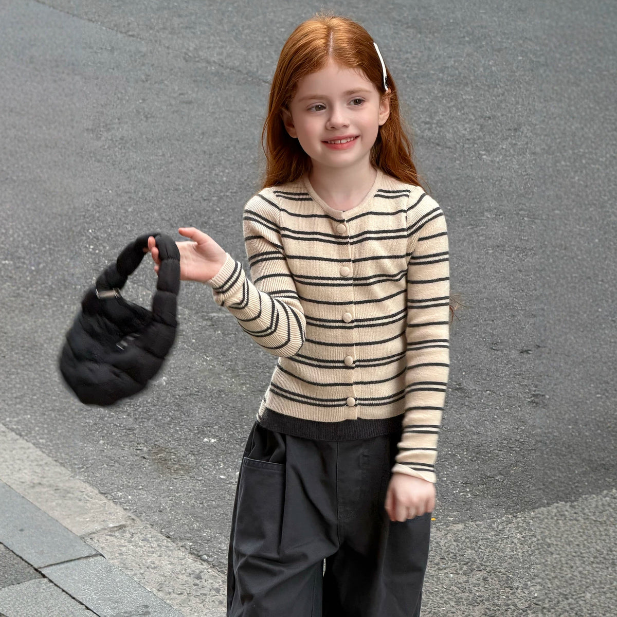 Girls Striped Faux Two-Piece Cardigan - Slim Korean Knit