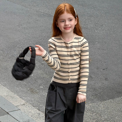 Girls Striped Faux Two-Piece Cardigan - Slim Korean Knit