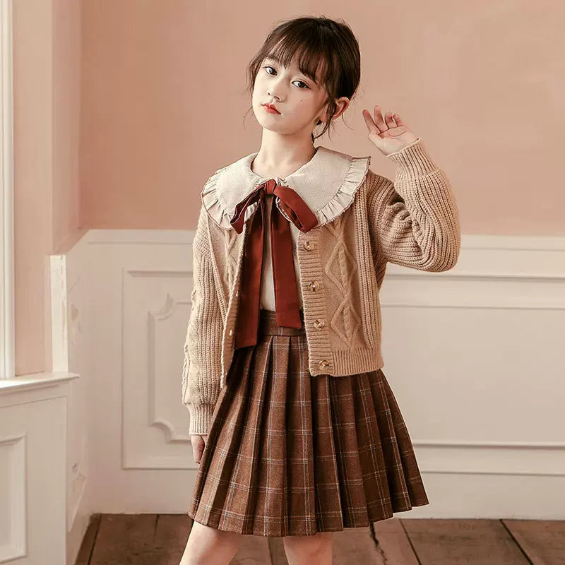 Girls Sweater & Pleated-Skirt Set - Preppy Three-Piece with Separates