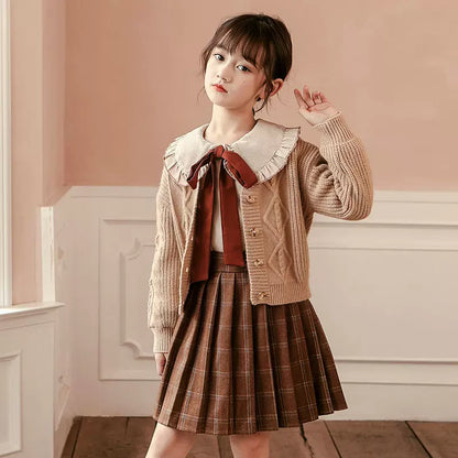 Girls Sweater & Pleated-Skirt Set - Preppy Three-Piece with Separates