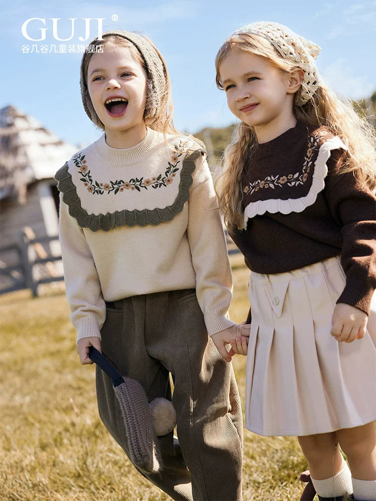 Girls Embroidered Crew-Neck Sweater - Preppy Knit Base Layer
