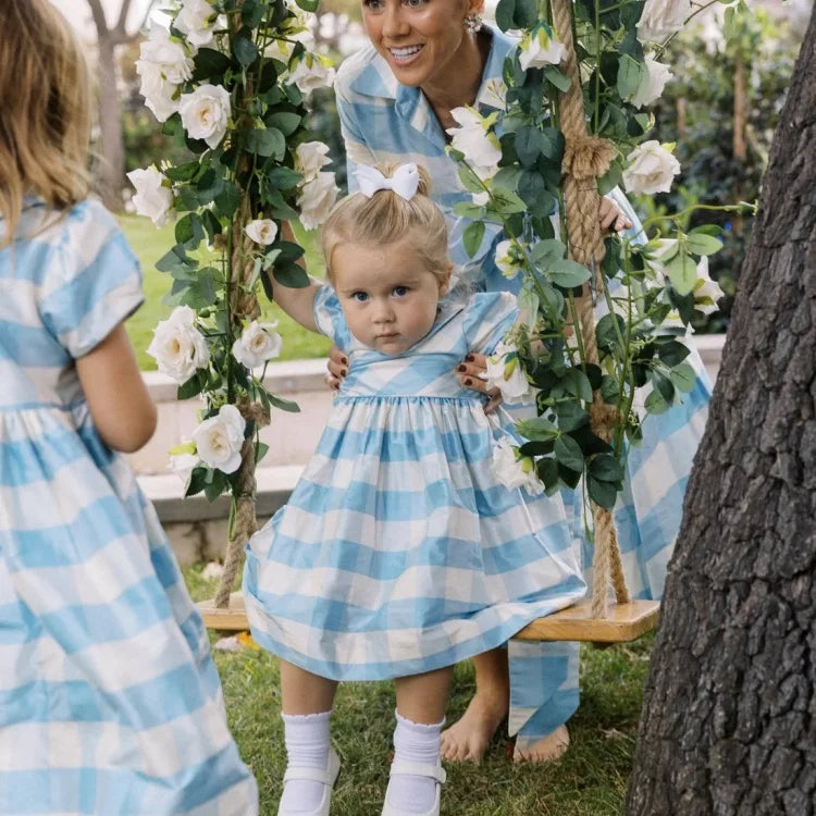 Girls Nordic Linen Dress - Blue-White Check Autumn