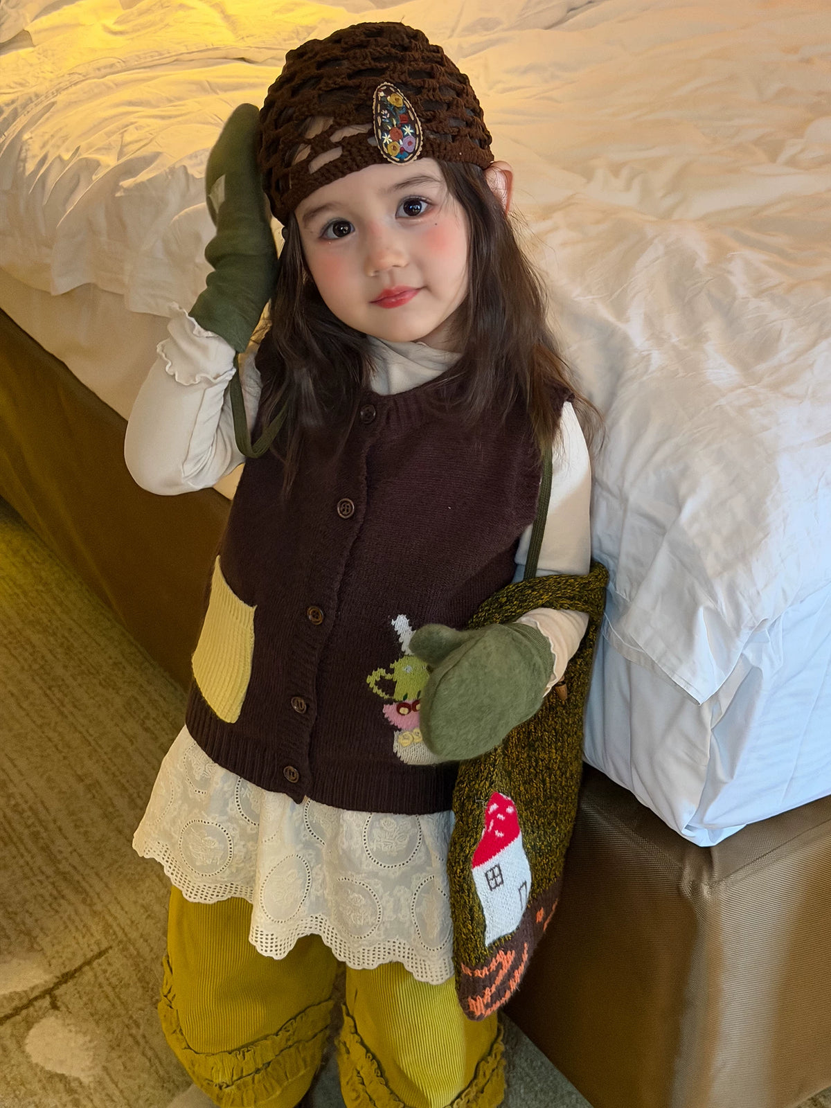 Girls Knit Vest & Corduroy Pants Set - Retro Layering Autumn