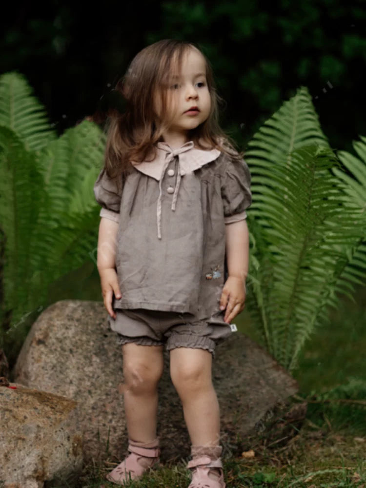 Girls Linen Short-Sleeve Shirt - Forest-Style Contrast Collar