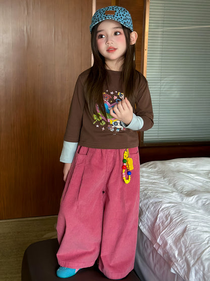 Girls Cartoon Tee & Corduroy Wide-Leg Pants Set with Charm - Korean Autumn Two-Piece