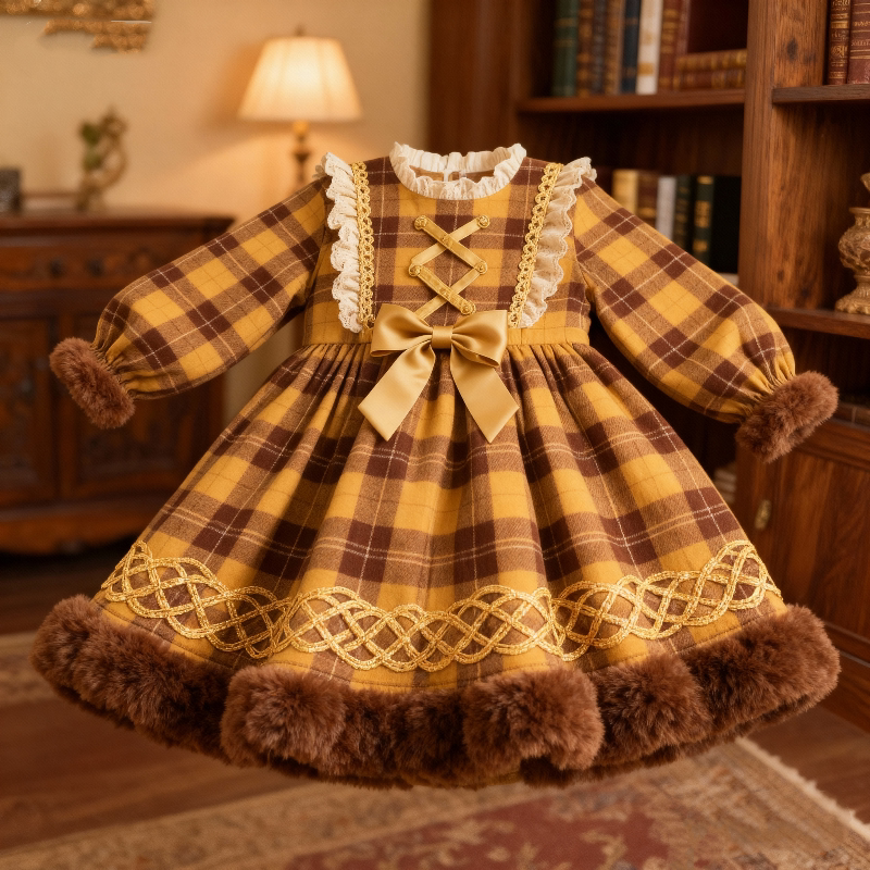 Girls Preppy Plaid Lolita Dress - Fleece-Lined Birthday Gown with Leggings Options