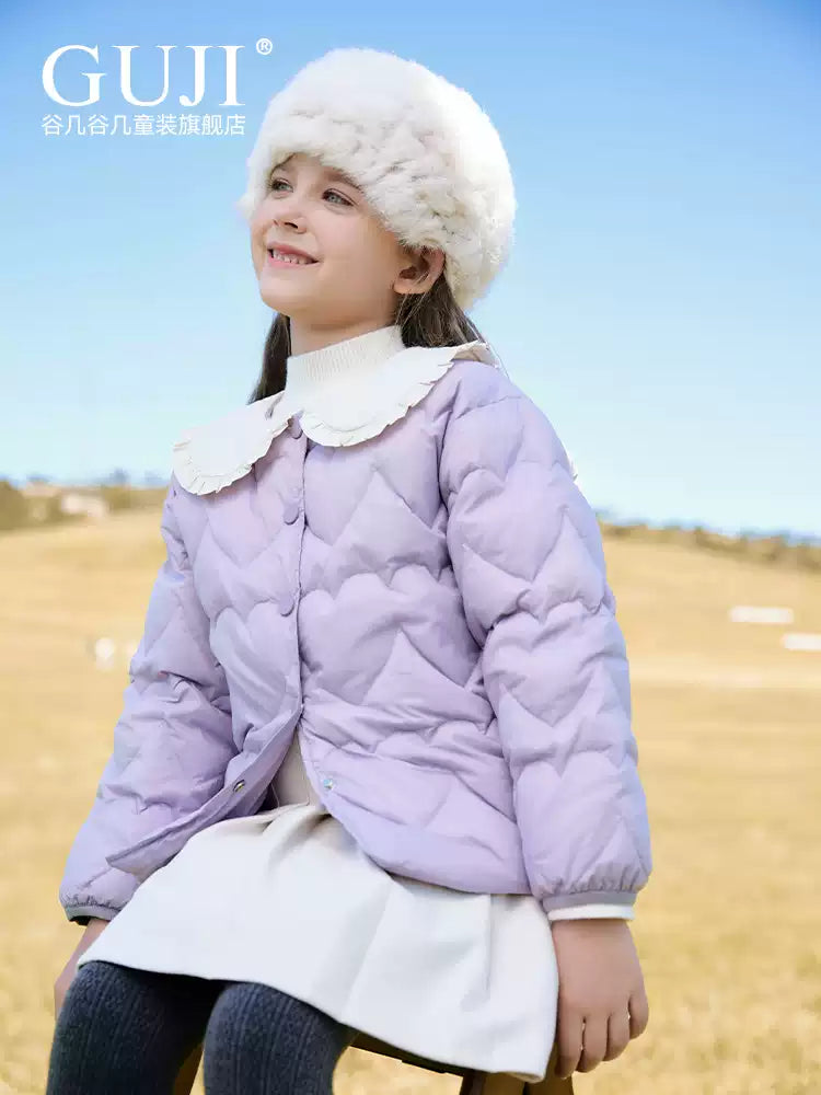 Girls Lightweight Down Jacket - Doll-Collar Short Puffer Coat