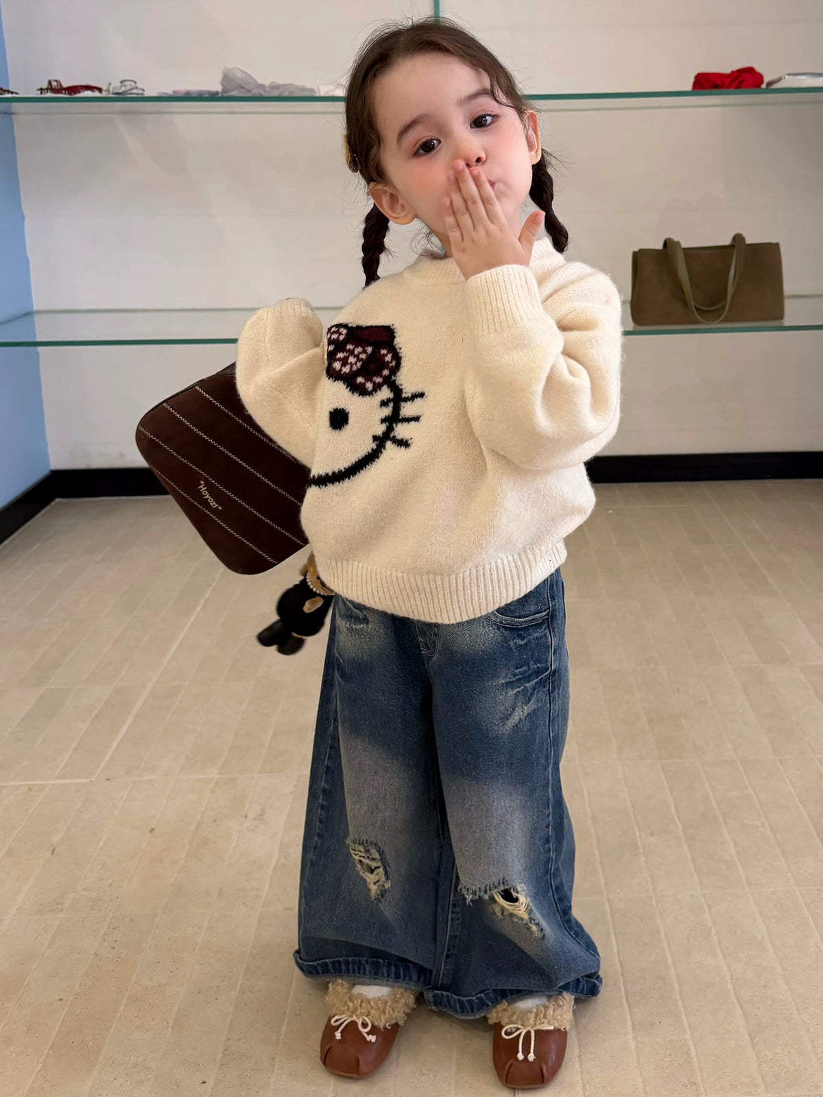 Girls Kitty Cartoon Sweater & Jeans Set - Soft Knit Autumn Two-Piece