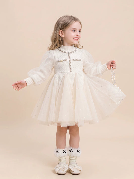 Girls Pearl-Trim Cardigan & Pinafore Set - Chanel-Style Separates