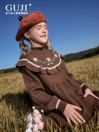 Girls Preppy Sweater Dress - Sweet Long-Sleeve Knit Midi