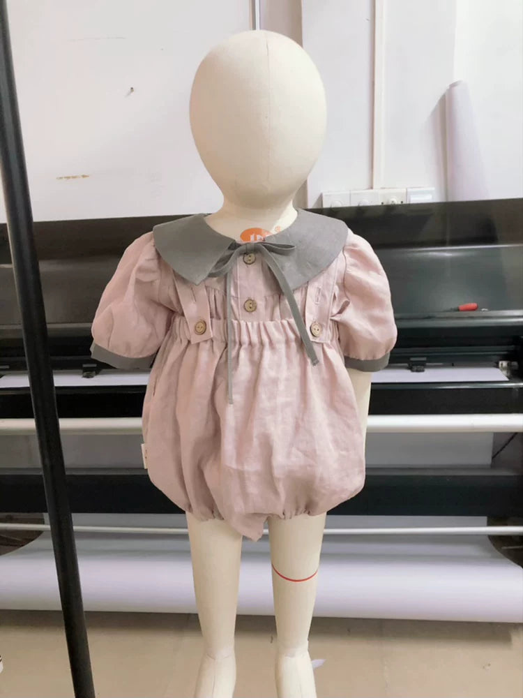 Girls Linen Short-Sleeve Shirt - Forest-Style Contrast Collar