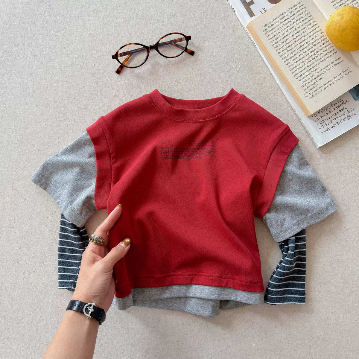 Girls Letter Print Faux Two-Piece Tee - Korean Contrast Layering