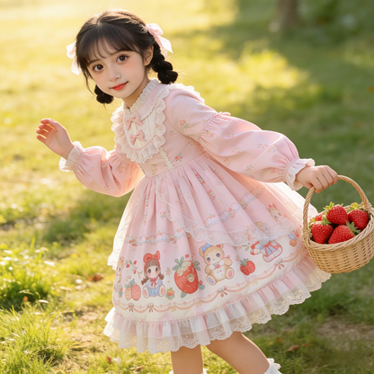 Girls Pastoral Strawberry Lolita Dress - Puffy Birthday Princess Dress