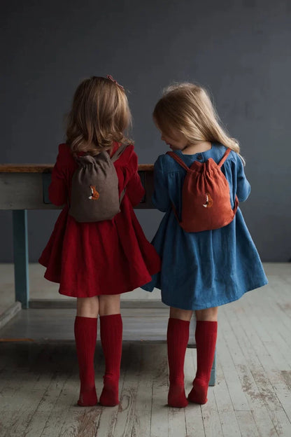 Linen Kids Backpack - Embroidered Animal Daypack, 2 Sizes