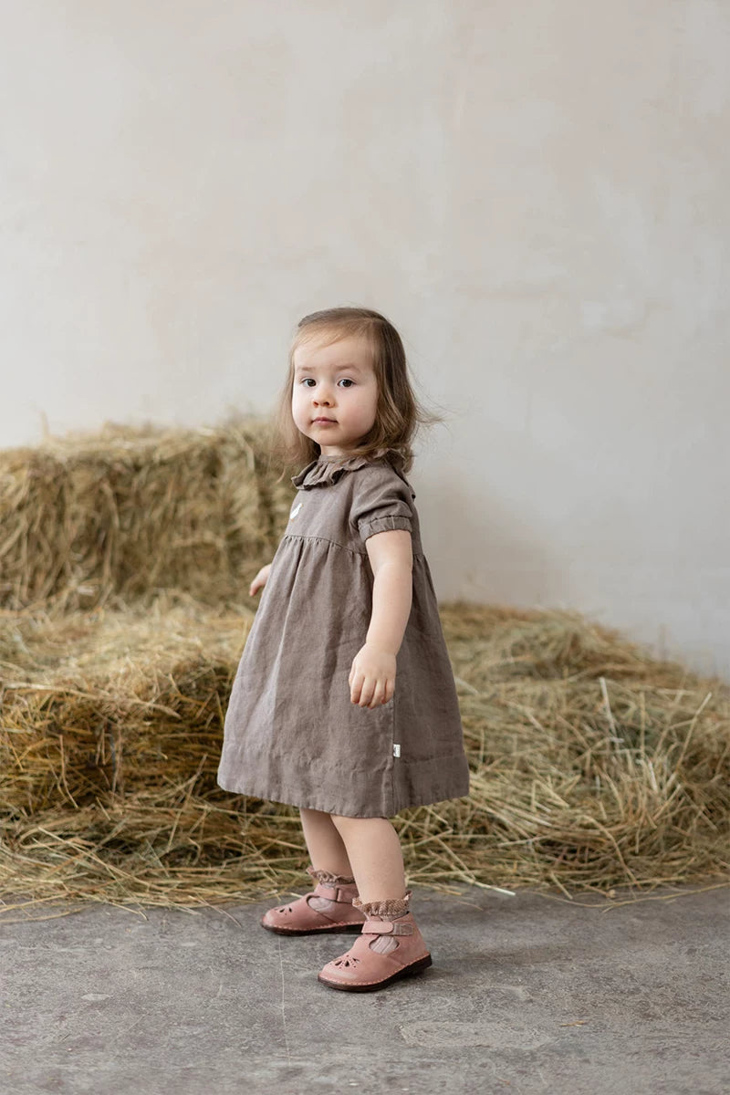 Girls Nordic Linen Dress with Ruffle Collar - Alice Embroidery Short Sleeve
