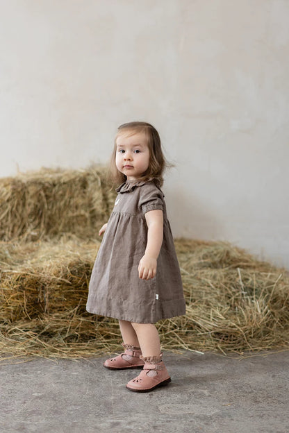 Girls Nordic Linen Dress with Ruffle Collar - Alice Embroidery Short Sleeve