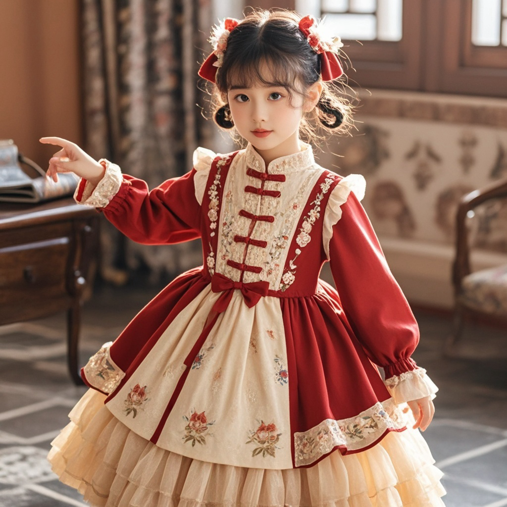 Girls Chinese-Style New-Year Lolita Dress - Red Fleece-Lined Birthday Gown
