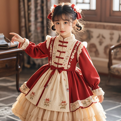 Girls Chinese-Style New-Year Lolita Dress - Red Fleece-Lined Birthday Gown