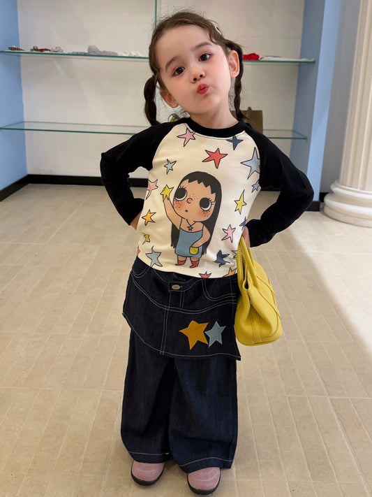 Girls Colour-Block Print Top & Skirt-Panel Jeans Set - Autumn
