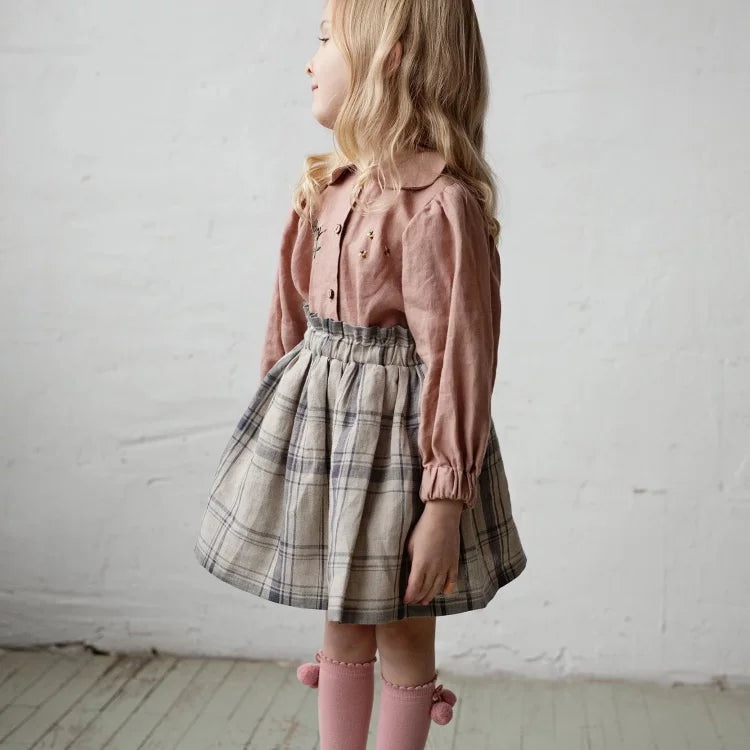 Girls Pure Linen Half Skirt - High-Luxe Retro Midi