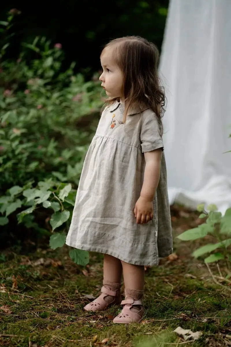 Girls Nordic Doll-Collar Linen Dress - Alice Style Short Sleeve