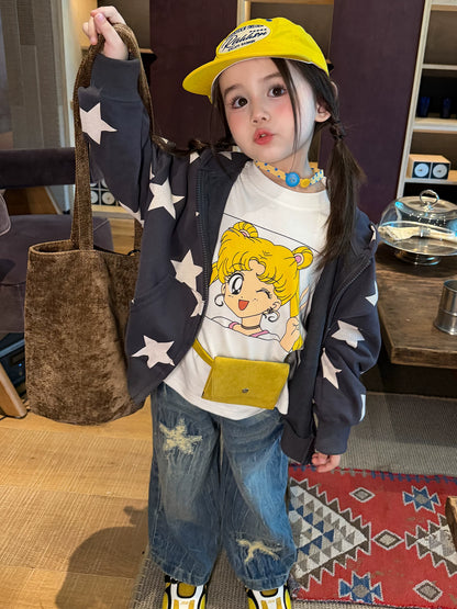 Girls Star Print Hooded Zip Cardigan, Tee & Jeans Set - Autumn Separates