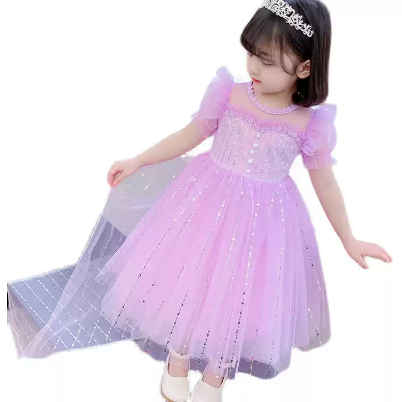 Girls Elsa Princess Dress - Purple Puffy Gala Gown with Crown & Cape Options