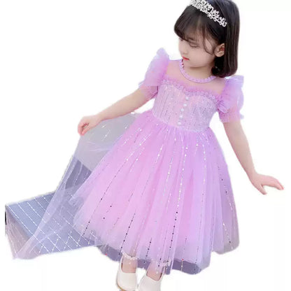 Girls Elsa Princess Dress - Purple Puffy Gala Gown with Crown & Cape Options