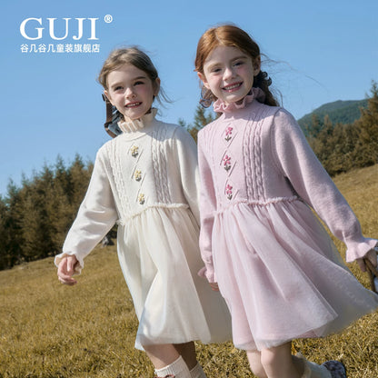 Girls Half-High-Neck Tulle Dress - Cosy Winter Princess Gown