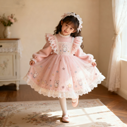 Girls Pink Bunny Fleece-Lined Lolita Dress - Puffy Birthday Princess Gown