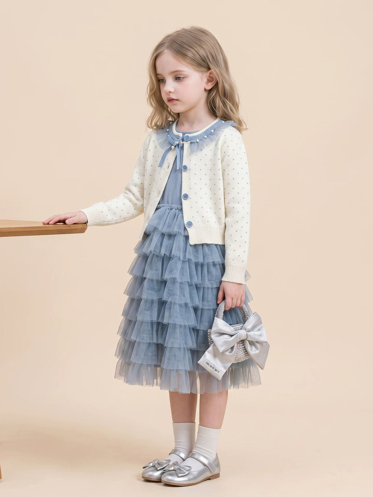Girls Knit Cardigan & Tulle Skirt Set - Blue Korean Two-Piece