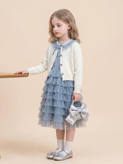 Girls Knit Cardigan & Tulle Skirt Set - Blue Korean Two-Piece