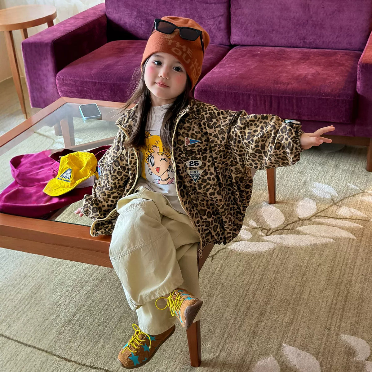 Girls Leopard Print Jacket Set - Retro Zip-Up Autumn Three-Piece