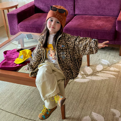 Girls Leopard Print Jacket Set - Retro Zip-Up Autumn Three-Piece