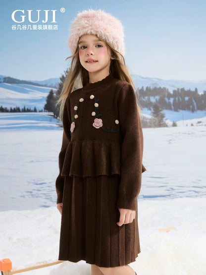 Girls Knit Sweater Dress - Retro Coffee & Green Princess Dress