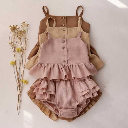 Girls Linen Cami & Shorts Set - Custom Embroidery Two-Piece