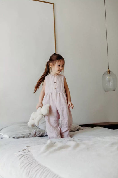 Alice Sleeveless Linen Romper - Embroidered Baby Crawling Suit
