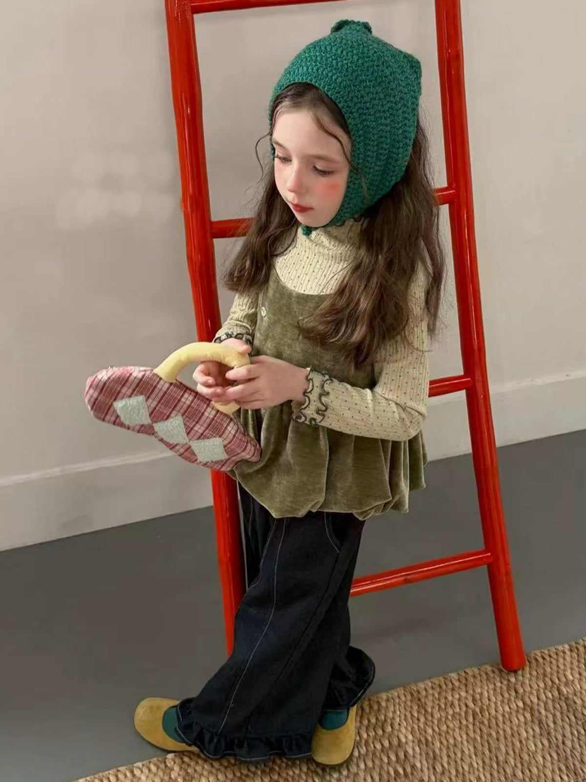 Girls Velvet Cami, Polka-Dot Top & Jeans Set - Forest-Style Autumn Three-Piece