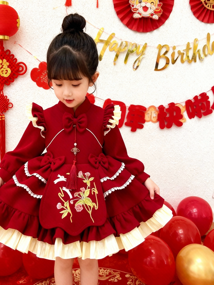 Girls Red Fleece-Lined Lolita Birthday Dress - Festive Puffy Gown