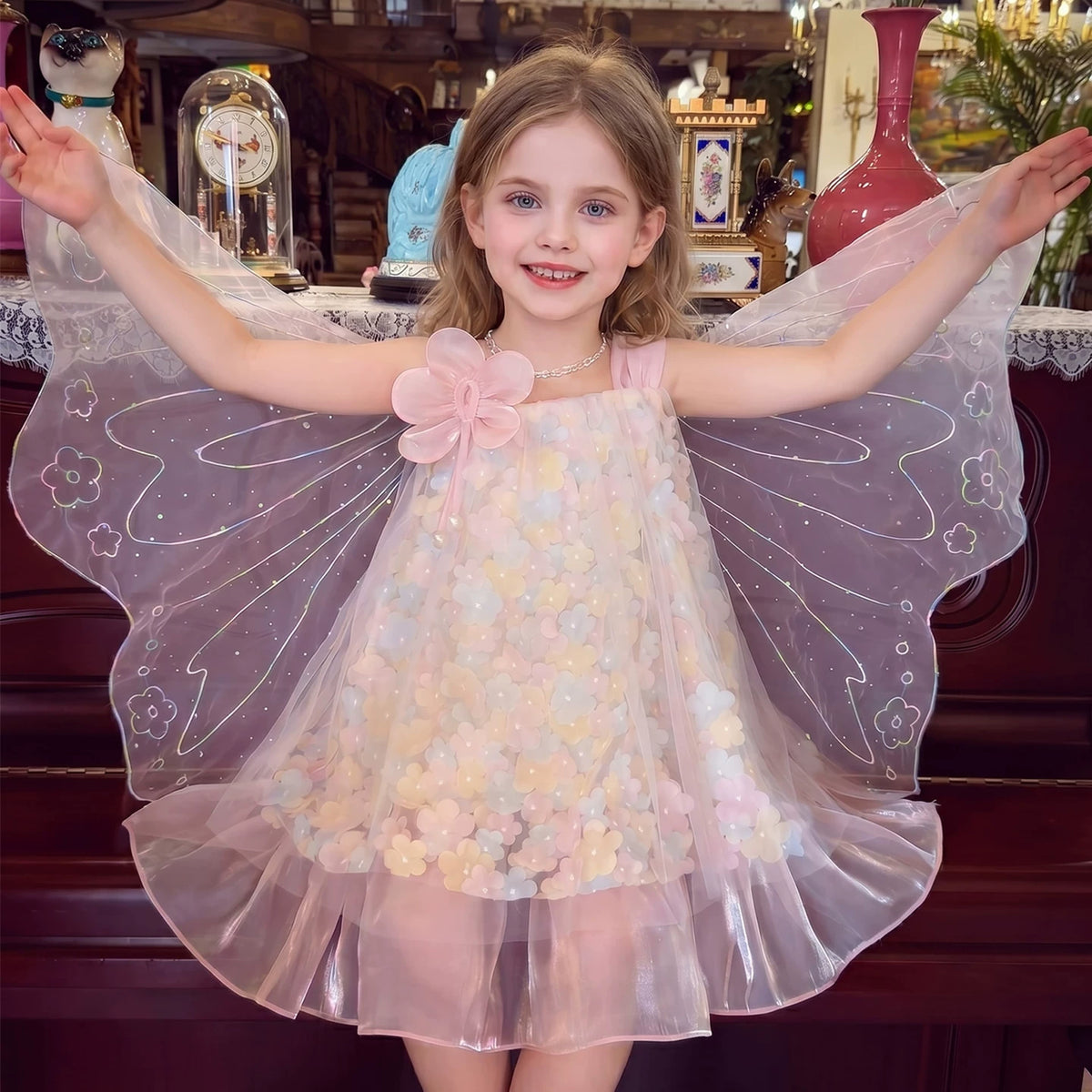 Girls Fairy Wing Sundress - Floral Tulle Princess Dress